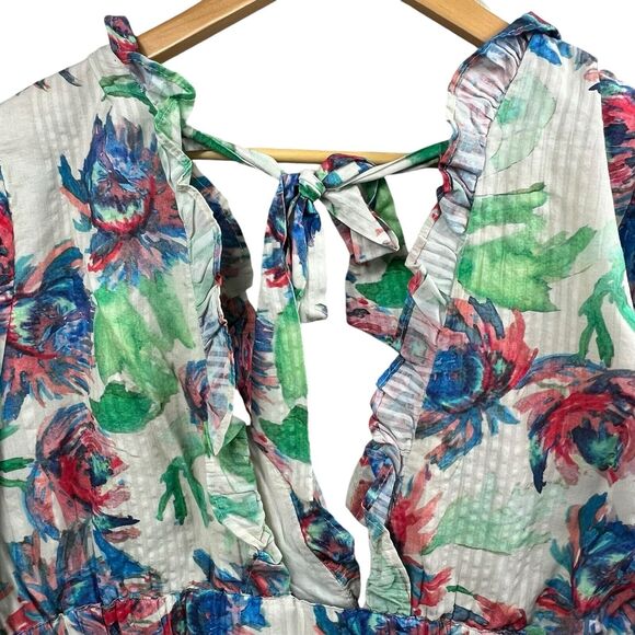 Anthropologie Floral Plunging V Long Sleeve Crop Top Size L Large Tie Back - Picture 3 of 14